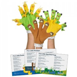 18 months & up. These three storybook favorites, 5 Little Frogs, 5 Little Ducks, and 5 Little Monkeys, will come to life when you put them on your hand! Use this set of hand gloves for an exciting interactive story time. Watch as children become enamored with these brightly colored characters. You can even add them to your dramatic play center or in a lesson about counting for extra fun. This set is complete with 22 rhymes and finger play activity card(s). Machine washable.