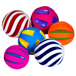 12 months & up. This ball set is perfect for alternative sensory play. Bright vivid colors will aid in the development of visual tracking and three alternating textures will provide necessary mental stimulation to reduce stress and anxiety. All six balls included squeak when squeezed, giving multiple sensory alleviation options for children and adults of all ages.