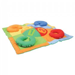 6 months & up. This multi-colored mat is an activity center for very young children. Four horseshoe cushions are securely attached to help children keep their balance when learning to sit. From their secure position, they can easily observe those around them or play with toys in complete safety. The cover is machine washable, the cushion will need to be removed. The cushion is hand wash and air dry only. The horseshoe cushions are sewn to the mat. To remove for laundering, unzip each cushion's fastening and then remove each pillow. It is recommended to rezip each horseshoe cover to prevent any damage during the washing cycle. Measures 54" x 54".