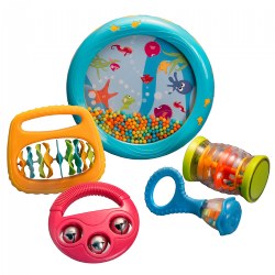 12 months & up. Toddlers will be moving and shaking to their own beat with this set of 5 musical instruments. The set includes mini rainbow shaker, clacker, bells, mini sound sea drum, mini maracas and toddler music that can be downloaded with a QR code. Colors may vary.
