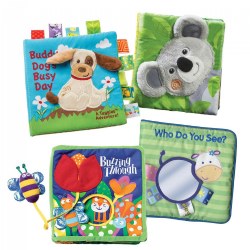 6 months & up. Encourage little ones to enjoy reading with these delightful cloth books. Each book is interactive with soft textures, crinkles, and sounds. Each book presents appropriate activities that promote curiosity, self-discovery and fine motor skills. Contents may vary.