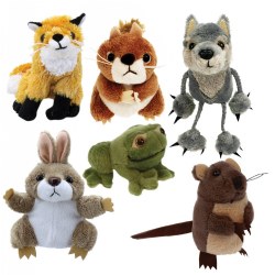 12 months & up. Set of six finger puppets represent the most beloved woodland animals. Each has an elastic fitting inside to keep them on your finger and are great for hours of creative play. Includes fox, squirrel, gray wolf, frog, rabbit, and field mouse. Animals have full bodies and measure 6"L.