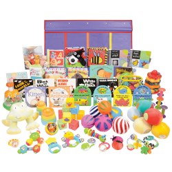 This kit contains toys for eight types of experiences that support children's development and learning. This kit features a sampling of items designed to enhance the experiences of "Imitating and Pretending" and "Enjoying Stories and Books" for Young Infants. Kit includes (over 60 items): Balls, Rattles, Teethers, Puppets, Soft Blocks, Board Books, and a Wall Hanging Book Display.