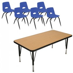 Image of 30 x 60 Table with Six Dark Blue Chairs - 13.5" Seating Ht - 2-5 yrs