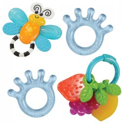 3 months & up. Help your infant soothe their gums with this exciting Textured Cooling Teethers and Soothers Easy to Grip Set. In addition to offering teething relief, this set promotes visual and tactile stimulation through various textures and high-contrast colors. These teethers and soothers develop fine motor skills, color recognition, and sensory learning. Encourage your little one to explore the texture and features of each toy as they teethe. For extra relief, freeze the teethers before teething time. Contents may vary.