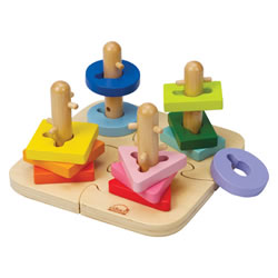 18 months & up. This wooden Creative Peg Puzzle features a puzzle baseplate to piece together and colorful, grooved shapes to strategically twist and turn through the right peg posts. Connect, stack, and sort the puzzle pieces in multiple ways. Explore basic shapes and color palettes ranging from light to dark. This engaging puzzle supports the development of fine motor skills, problem-solving, shape and color recognition, and hand-eye coordination. Made from durable, non-toxic materials with a child-safe paint finish and solid wood construction.