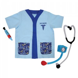 3 years & up. Explore what it is to be a nurse today, starting with your imagination and this nurse dress-up smock. This dress up includes a nurse smock, clip-on ID badge, plush syringe, and blood pressure cuff. The smock opens in the front and has hook-and-loop closures for easy dressing. Machine wash cold separately, do not tumble dry; do not bleach.