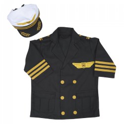 3 years & up. Whether it's in a large jetliner or a small single-engine airplane, imagine all the places you could go with an airplane and pilot's license. Start by looking the part of a pilot with a dress-up set that includes a professional looking pilot's jacket with gold-colored accents and matching pilot's cap. The jacket opens in the front with hook-and-loop closures. Machine wash cold separately, do not tumble dry; do not bleach.