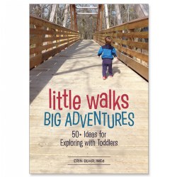 While most activity books encourage indoor explorations, countless adventures and learning opportunities await outside! Going for a walk or exploring the local community can bring about much more than just exercise. Little Walks, Big Adventures helps you teach your toddler about his/her surroundings through fun and adventurous local explorations, outdoor games and activities that promote and enhance learning. Parents and caregivers will help their toddlers enhance their vocabulary, language skills, cognitive skills, motor skills, and more! 160 pages.