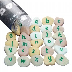 2 years & up. These clever pebbles are an ideal tool for building interest in letters and sounds in a wide variety of contexts. Appeal to children's natural instinct to explore, investigate, sort and collect. Ideal for early word building. Each set includes a storage container and teacher's guide. Set of 26 pebbles. Pebbles are approximately 1.5" in size.