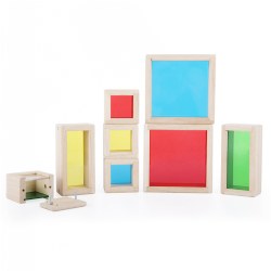 3 years & up. What can we find today? Children can collect sensory objects, natural materials and trinkets to place in the beautiful Treasure Blocks. Smooth hardwood frames with inset, colored transparent acrylic windows have a removable panel to place small objects. Ideal for display, observation, color exploration, light table activities and more. Largest Block measures 5.5" L x 5.5" W x 2" H. Set of 8.