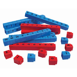 Grades K & up. This set of 90 single-letter cubes feature a lowercase letter on one side and uppercase on the other. Children can practice identifying letters and easily connect the blue consonant cubes and red vowel cubes to form words and phrases. Quantities are based on the frequency of use. Included: 90 Single-letter Cubes, Plastic Storage Container, and Guide.