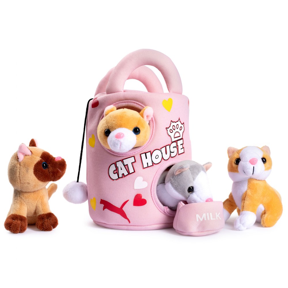 Plush Cat House Carrier with 4 Soft Talking & Meowing Plush Kittens Set