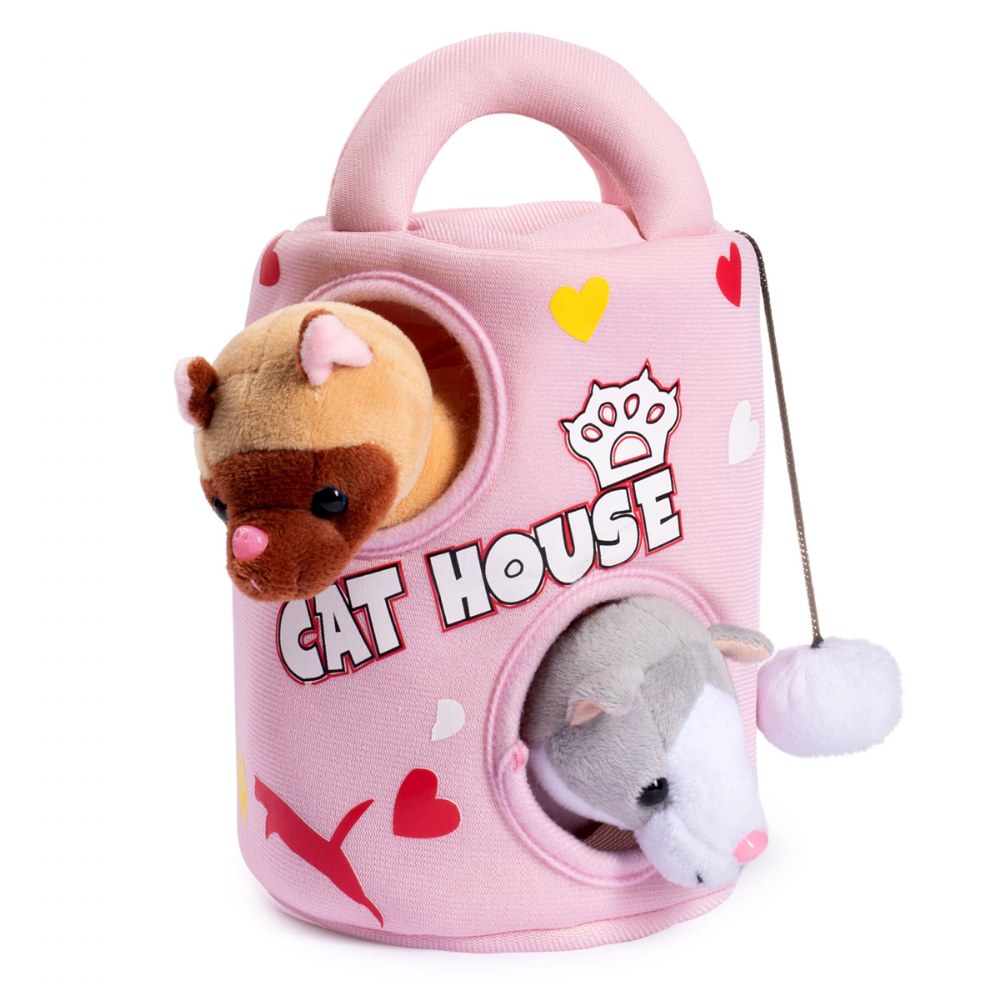 Plush Cat House Carrier with 4 Soft Talking & Meowing Plush Kittens Set