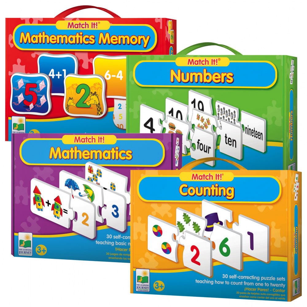 SET OF 3 MATCH IT SPELLING & MATHEMATICS& COUNTING AGED  3-4 SELF CORRECTING PUZ 