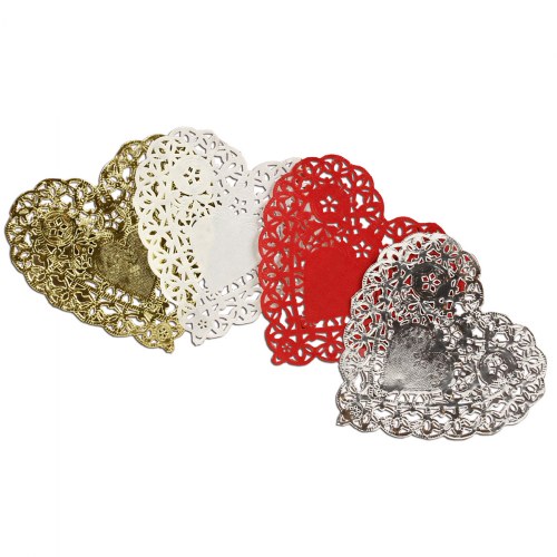 100 Heart Doilies 4" - 18 Gold & Silver, 32 Red & White