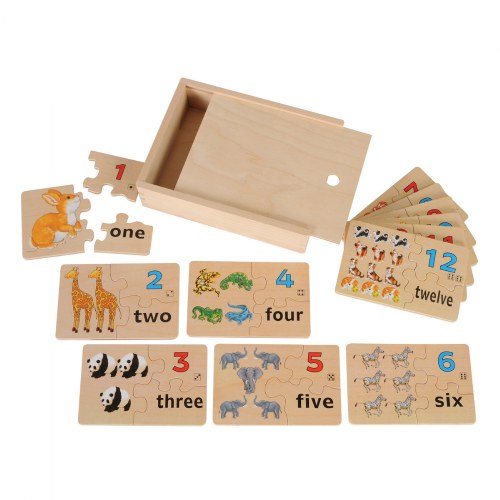 Numbers 1 - 12 Wooden Puzzles with Pictures, Numbers, and Words