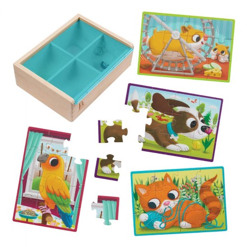4 Wooden Pet Jigsaw Puzzles in Wood Box