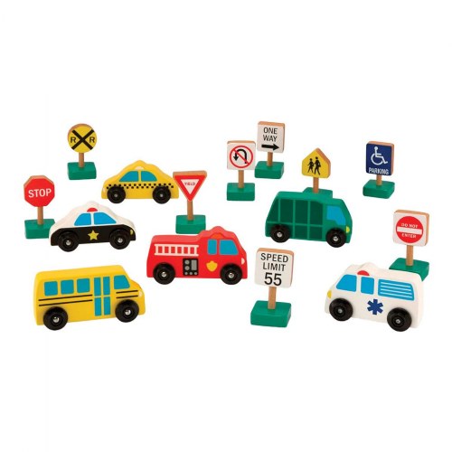 Wooden Vehicles and Traffic Signs - 15 Pieces