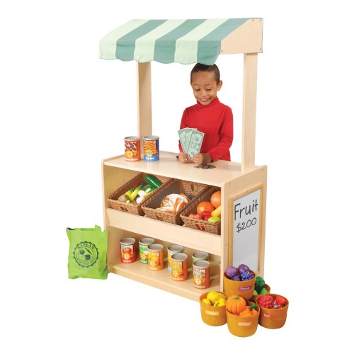 3 years & up. Explore new possibilities with our high-quality range of birch plywood dramatic play furniture. This handsome market stand features a colorful awning, and multiple levels of space for storing and displaying toy food. Three angled compartments under a sales counter plus a spacious open shelf below allows children lots of options for displaying market goods. Includes a dry erase panel for writing out daily specials and pricing! Flip the unit around for use as a puppet theater. This versatile play stand is ideal for encouraging creative play in the classroom. Minor assembly required. Measures 49"H x 28"L x 15"D. Baskets and accessories sold separately. Awning is spot wash only. Clean with mild soap and water. Do not use cleansers, bleach, etc.