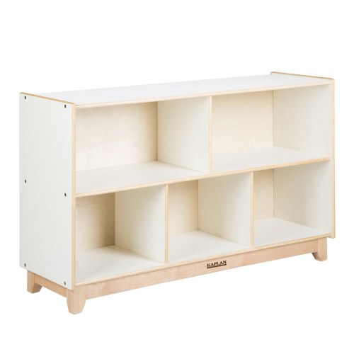 3 years & up. This 5-compartment Storage Unit is a modern take on the traditional classroom storage piece. The contemporary design of the solid birch feet and apron are similar to furniture you would find in the home. White-laminated plywood serves as a neutral backdrop to highlight the items stored and displayed in this unit, which offers versatile, spacious classroom storage. Clean with mild soap and water. Do no use cleaners, bleach, etc. Measures 48"W x 30"H x 15"D. Ships Fully Assembled. Limited Lifetime Warranty. Clean with mild soapo and water. Do not use cleansers, bleach etc. Due to the nature of the wood used, variations in color and grain are to be expected. Naturally occurring variations in wood like color, grain, pinholes, and knots are not considered defects.