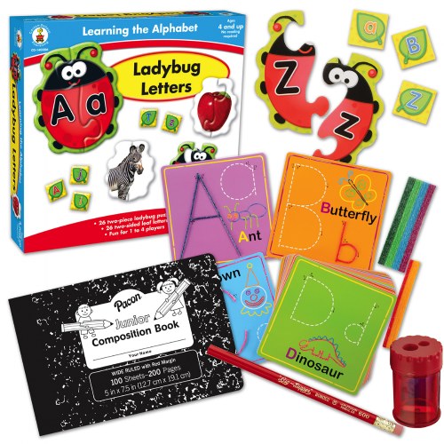 4 years & up. Learning the alphabet and how to write are just some the most important skills children are taught, so why not make it fun! This fun and interactive kit assists in the fostering of fine motor skills necessary for writing and provides children with plenty of practice tools. The composition notebook features wide ruled sheets perfect for small hands practicing dexterity. Colorful individual cards teach letter formation, and a letter puzzle game helps in letter and sound recognition. Includes: large pencil, 1 composition notebook, 26-piece puzzle, 26 alphabet cards, 1 practice card, and 36 Wikki Stix®.