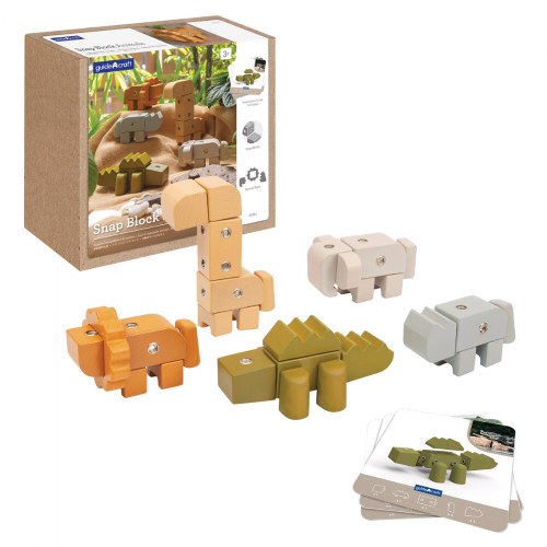 3 years & up. Children can build wild animals or create imaginative creatures using the Snap Block Animals set. Chunky, beech wood blocks lightly painted in natural shades, with a matte finish, are complete with metal snap hardware. Metal snaps hold tight for additional dramatic play opportunities using built block creatures. Set includes 33 blocks and 5 double-sided build cards.