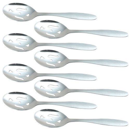 Polished Stainless Steel Slotted Spoons - Set of 8