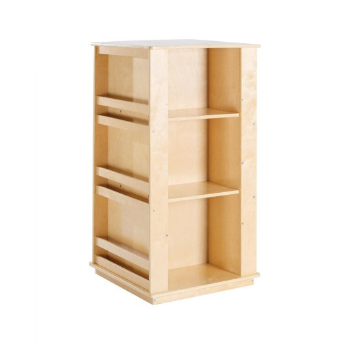 Book center holds books and materials on four sides! Two sides have display shelves, two have deep shelves for extra storage. Attractive birch construction with beveled edges and a non-toxic finish make this bookshelf safe and strong. Dual-wheel nylon casters. Minor assembly, casters only. 23.5"W x 43"H x 23.5"D. 61 lbs. Books not included. Clean with mild soap and water. Do not use cleansers, bleach, etc.<br />  