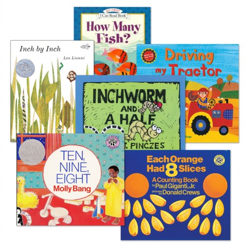 3 years & up. This set of 6 paperback books uses familiar objects to introduce beginning math concepts and reinforce visual literacy. Powerful illustrations and easy text are sure to stimulate young learners who will want to look at these books again and again.