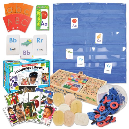3 years & up. The hands-on exploratory nature of studies in the classroom taps into children's natural curiosity, resulting in a learning environment that is both fun and intentional. This Language and Literary Skills Kit offers a wide range of tools and materials to support and encourage children in meaningful interactions with print and language. Kit includes: 104 Magnetic Soft Learning Letters, Pocket Wall Chart, Wooden Alphabet Stamp Set, 2 Sets of Flashcards, 26 Feels-Write Letter Stones, Set of 40 Snapshots Critical Thinking Photo Cards, 26 Uppercase Sandpaper Letter Cards, and 26 Lowercase Sandpaper Letter Cards.