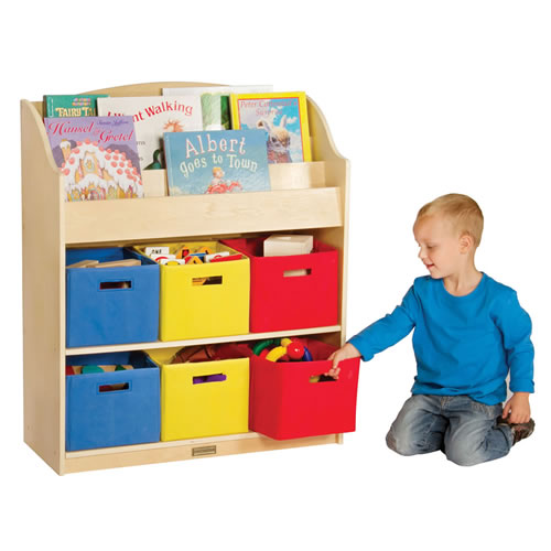 book shelf and toy bin