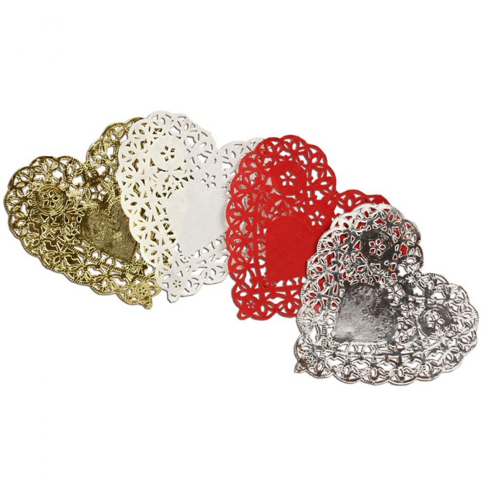 Primary Image of 100 Heart Doilies 4" - 18 Gold & Silver, 32 Red & White