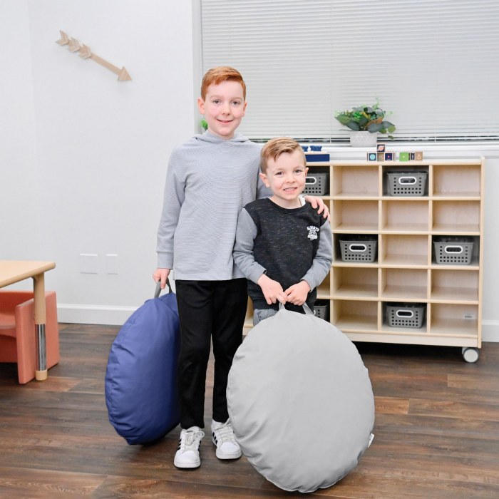 Alternate Image #1 of Gray & Navy Mini Round Poufs with Handle - Set of 2