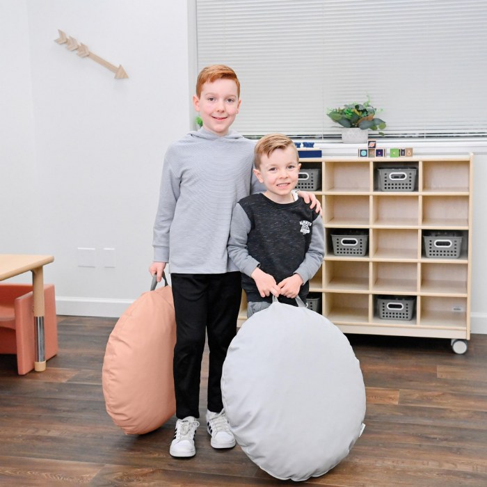 Alternate Image #1 of Fog Blue & Sand Mini Round Poufs with Handle - Set of 2