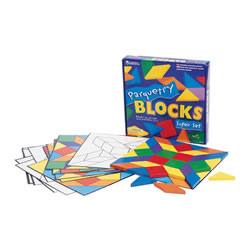 3 years & up. This Parquetry Block Super Set features thick, wooden geometric blocks in six bright colors to create and match patterns and designs. Practice matching the pattern on the cards or create your own designs. Included: 32 Block Pieces, Work Tray, and 20 Parquetry Pattern Cards.