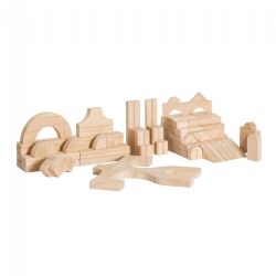3 years & up. Bring an architectural element to block play with these wonderful Durable Wooden Unit Blocks for Building and Block Play. Children will love building up structures and knocking them down to create more! Encourage your children to use their imagination to build unique structures or to recreate their favorite buildings. Have them identify the familiar shapes as they build. This set promotes fine motor skills, strategic thinking, collaborative play and creativity. Made of hardwoods with sanded smooth, beveled edges. A total of 107 pieces with 28 shapes are precisely dimensioned in multiples or divisions of a basic 5.5" L x 2.75" W x 1.37" H units so the blocks are easy to stack.
