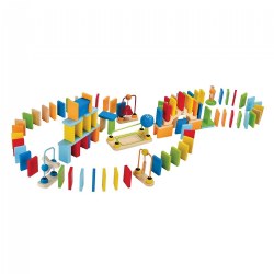 3 years & up. Watch the chain reaction of events as the dominoes fall down piece by piece! This set can be set up in all sorts of ways. Let kids take control of how to set up the trail! Set is made of wood, metal, water-based paint, TEP and ABS. Includes 100 wooden dominoes. 107 pieces total within the set.