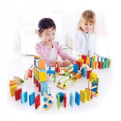 3 years & up. Watch the chain reaction of events as the dominoes fall down piece by piece! This set can be set up in all sorts of ways. Let kids take control of how to set up the trail! Set is made of wood, metal, water-based paint, TEP and ABS. Includes 100 wooden dominoes. 107 pieces total within the set.