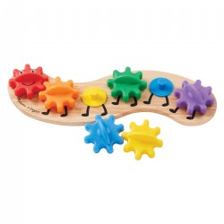 18 months & up. Hands-on fun at any speed! Turn the gears slowly and watch the interlocking gears move to make the caterpillar crawl. Children can rotate, remove, and rearrange the colorful gears. Includes six interchangeable gears on a wooden base. Encourages imaginative play. Helps promote hand/eye coordination, color recognition, and fine motor skills. Measures 2" x 14.5" x 4.5" (assembled).
