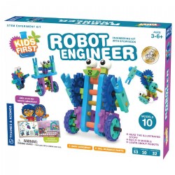 3 years & up. Join Ty and Karlie on their robotic adventure to save the candy factory! This Robot Engineer Kit by Thames & Kosmos is an incredibly fun and engaging way to introduce kids to the basics of robotic engineering. As they read the beautifully illustrated storybook and follow Ty and Karlie's robot building journey they will find step-by-step instructions on how to create each robot they make in the story. When Ty and Karlie make a hilarious taffy-pulling robot to help save the factory your child will have all that they need to make one of their own, along with nine other robots that rotate and move. Start laying the groundwork for STEM related skills and comprehension in a hilariously creative way. Pieces made from durable, non-toxic plastics. Includes: 53 robot building pieces, step-by-step instructions, and a 32-page storybook. Size: 14.7" x 6.3" x 9.4"