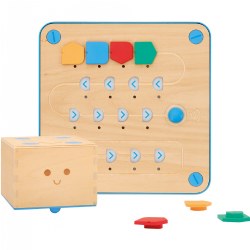 3 years & up. It's a programming robot in a language you can touch! Cubetto adds another dimension to the STEM toys in your classroom. It features a friendly wooden robot that can be guided around the world with coding blocks and a tangible interface board. Just lay the world map out on the floor, place your robot at a starting point, and program his movements across the map by placing the coding blocks in the correct sequence on the interface board. Requires 6 AA batteries (not included). Communicates through Bluetooth®. Robot, blocks, and board are made from Linden Plywood.