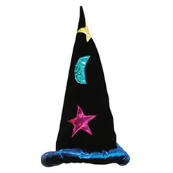 Wizard hat made of velvet, with colorful appliques of the moon and stars.