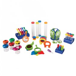 3 years & up. Equip your classroom with all the essentials for science discoveries! This Primary Science Classroom Bundle supports the exploration of a variety of science topics and is specifically designed for little hands. Promote inquiry-based learning as young students hypothesize, investigate, and form conclusions. Includes: Jumbo Test Tubes (set of 6 in a stand), Jumbo Eye Droppers (set of 6 in a stand), Jumbo Magnifiers (set of 6 in a stand), Safety Glasses (set of 6 in a stand), Mighty Magnets (set of 6), Sensory Tubes, Big View Bug Jars (set of 6), and 3 Color Mixing Lenses.