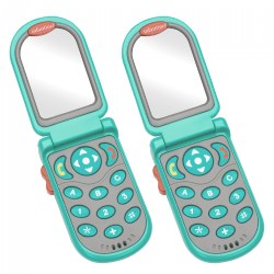3 months & up. Little ones will flip over these phones that feature fun sounds, greetings and phrases as well as a Spanish mode that encourages bilingual learning. Each flip phone features a peek-a-boo mirror inside. 3 button cell batteries included. Available individually or in a set of 2. Colors may vary.