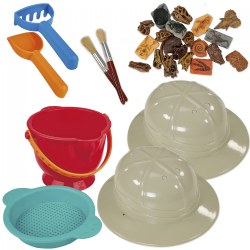 3 years & up. With hat on head and tools in hand, children can enter the world of paleontology through discovery of ancient fossils and dinosaur skulls. Includes 10 fossils, 11 dinosaur skulls, 2 pith helmets (measuring 4.5"H x 10.95"W x 9.90"L each), 2 brushes, and a bucket with tools. All you need to do is add sand!