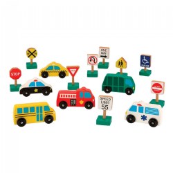 Wooden Vehicles and Traffic Signs - 15 Pieces