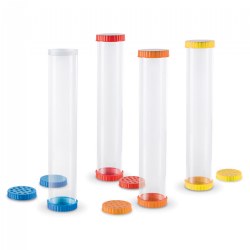 2 years & up. Create your own sensory tubes with this set of 4 clear tubes with dual openings. Includes 8 solid lids (two red, two blue, two yellow, two orange) and 4 vented lids (red, blue, yellow,orange) to let children explore their sense of smell. Lids easily twist on and off, and hold liquid securely inside. Contents shown are not included. Each tube is 12"H x 2"D.