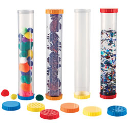 2 years & up. Create your own sensory tubes with this set of 4 clear tubes with dual openings. Includes 8 solid lids (two red, two blue, two yellow, two orange) and 4 vented lids (red, blue, yellow,orange) to let children explore their sense of smell. Lids easily twist on and off, and hold liquid securely inside. Contents shown are not included.