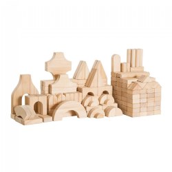 3 years & up. Bring an architectural element to block play with these wonderful Durable Wooden Unit Blocks for Building and Block Play. Children will love building up structures and knocking them down to create more! Encourage your children to use their imagination to build unique structures or to recreate their favorite buildings. Have them identify the familiar shapes as they build. This set promotes fine motor skills, strategic thinking, collaborative play and creativity. Made of hardwoods with sanded smooth, beveled edges. Available in different sizes and shapes, 200 pieces in 28 shapes in multiples or divisions of a basic 5.5" L x 2.75" W x 1.37" H so the blocks are easy to stack.